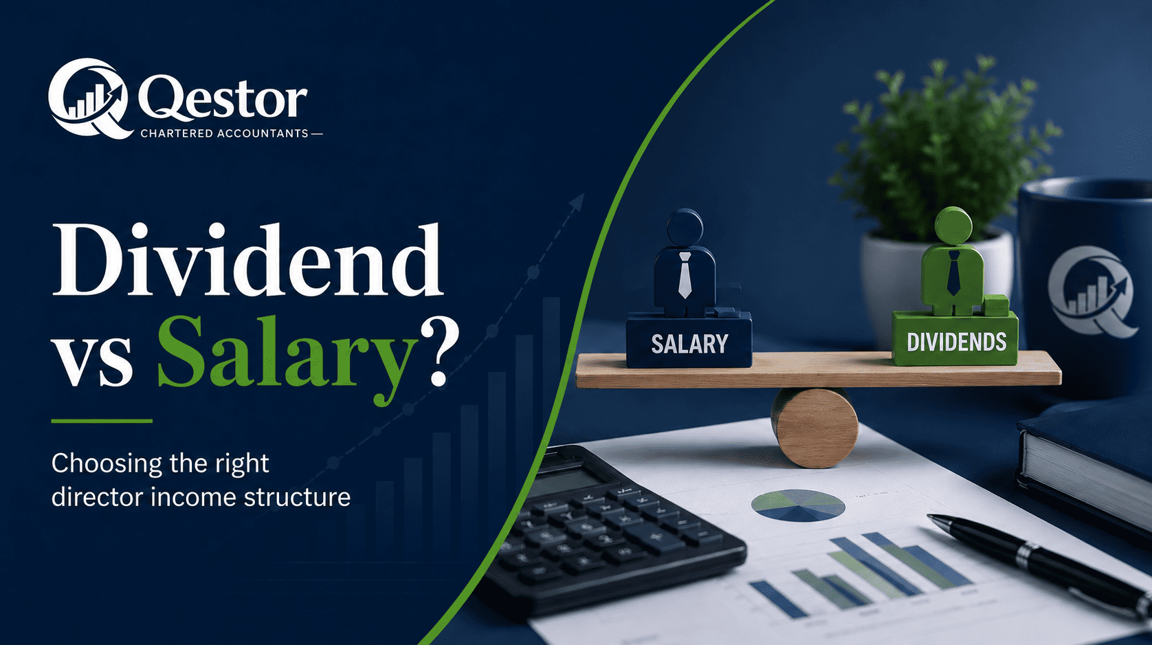 Qestor blog image showing salary and dividends comparison for company directors with financial documents, calculator and tax planning visuals.